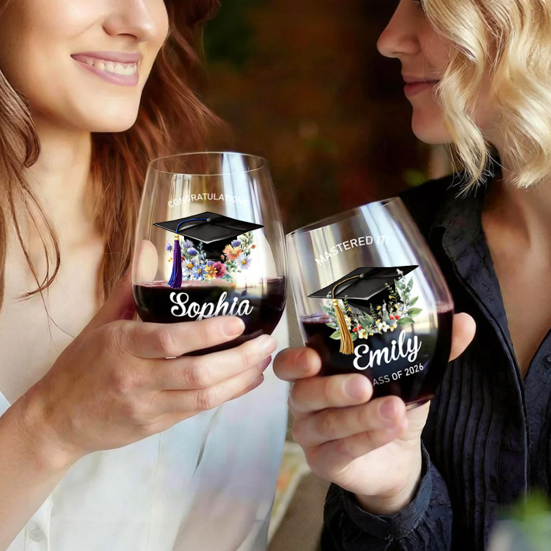 Personalized Graduation Birth Flower Wine Glass Custom Name Class of 2026 Floral Cap Gift for Graduate Celebration