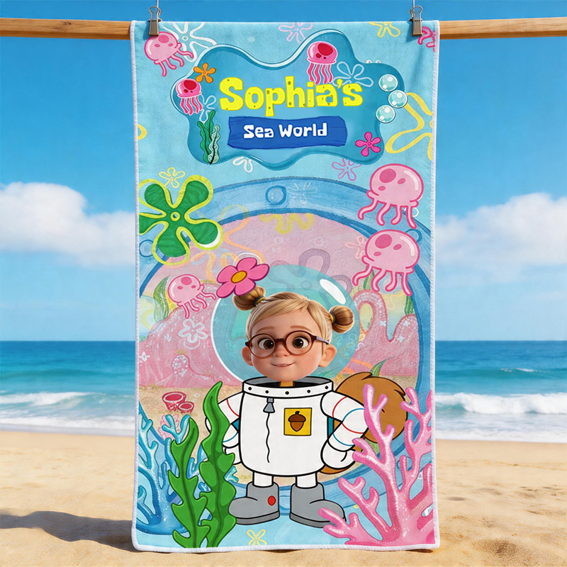 Personalized Kids Beach Towel Custom Name Photo Towel Cute Ocean Theme Swim Pool Gift For Girls Boys