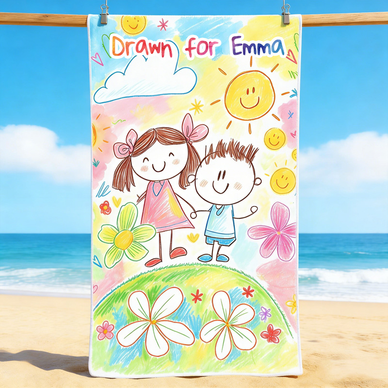Personalized Kids Drawing Beach Towel Custom Name Hand Drawn Style Towel Gift For Girls Boys