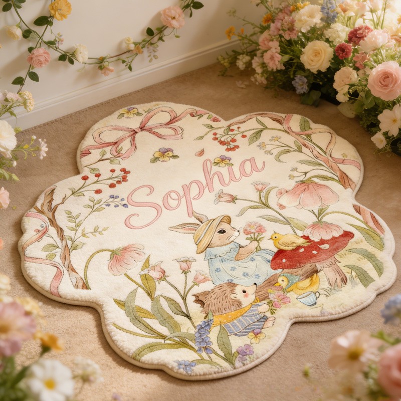 Personalized Woodland Theme Custom Name Cute Animal Forest Scene Soft Flower Shape Carpet Rug for Kids