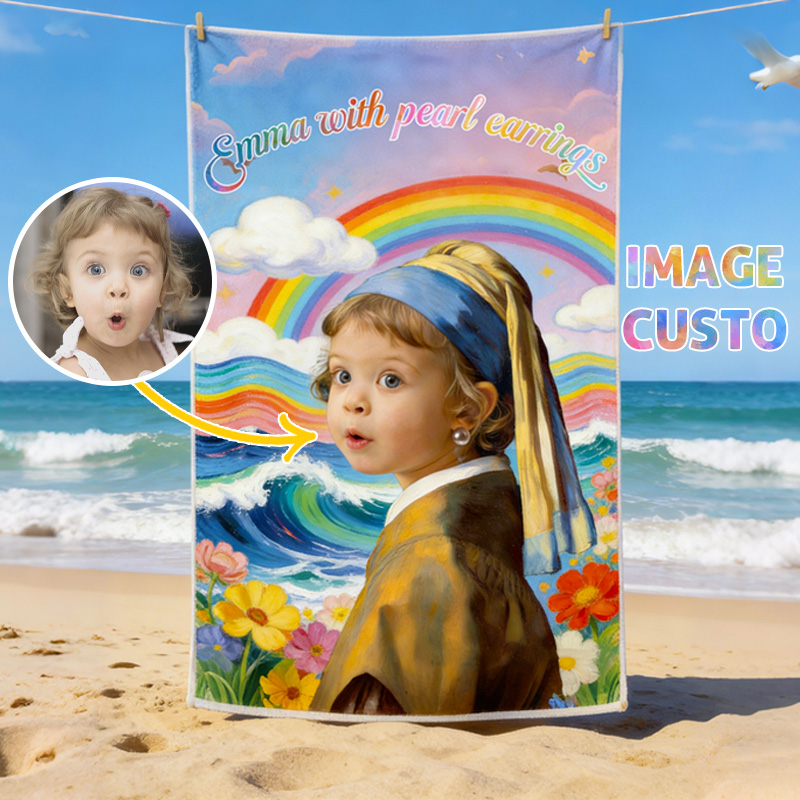 Personalized Kid Photo Lovely Art Inspired Kids Beach Towel Kid With Pearl Earrings Ocean Flowers Rainbow Scene