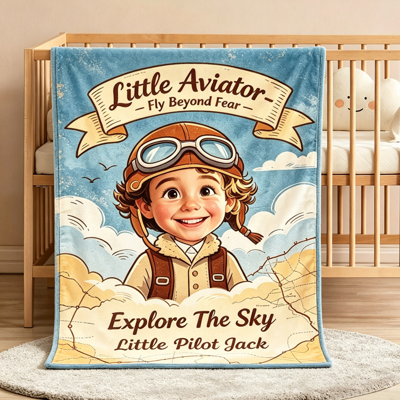 Personalized Little Pilot Kids Blanket Adventure Sky Explorer Cozy Soft Vintage Aviation Look