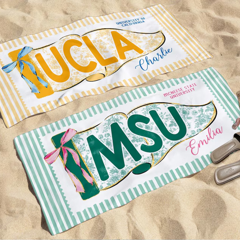 Personalized College Beach Towel Custom University Letters Graduation Gift Soft Striped Blanket