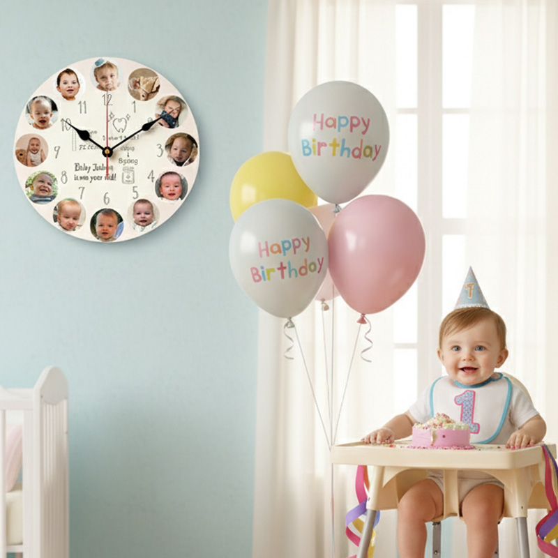 Personalized Baby 1-12 Month Photo Clock Custom First Birthday Gift Keepsake Wall Clock For Nursery Room