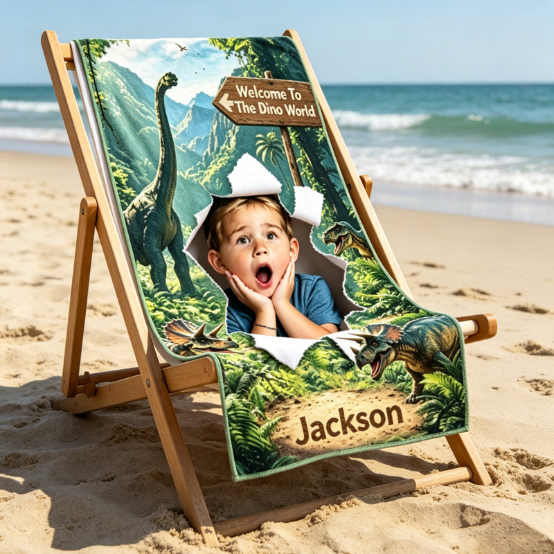 Personalized Kids Beach Towel Custom Name Dino Adventure And Fairytale Magic Castle Gift For Boys And Girls
