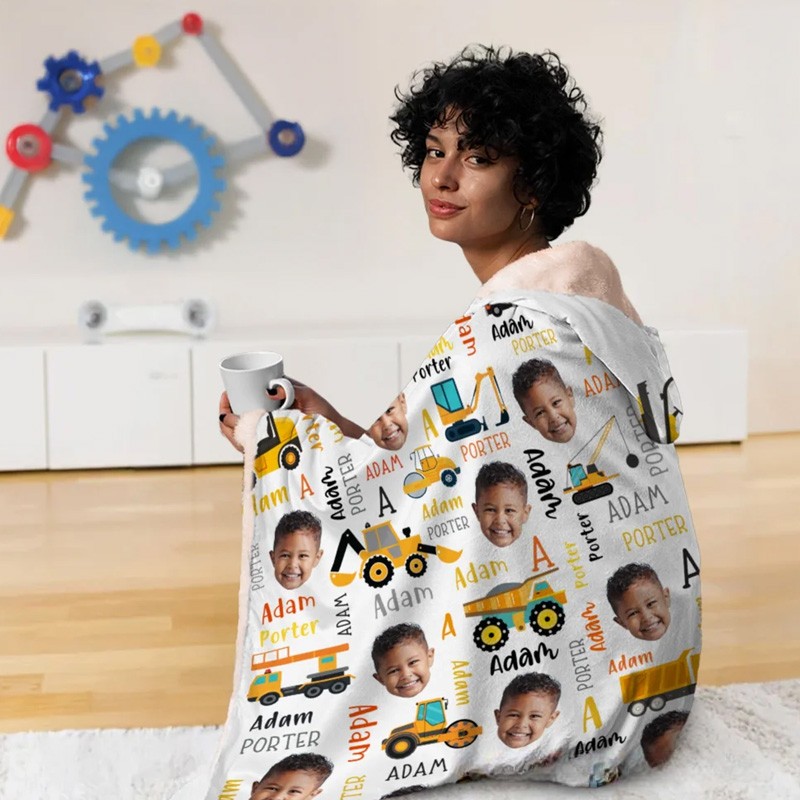 Personalized Truck Excavator Face Photo Soft Hooded Blanket with Initial and Name Birthday Gift for Engineering Vehicle Lover