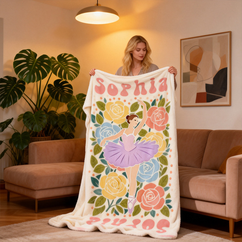 Personalized Birth Flower Ballerina Blanket Custom Name Dance Gift For Girls Floral Ballet Theme Cozy Soft Fleece Throw