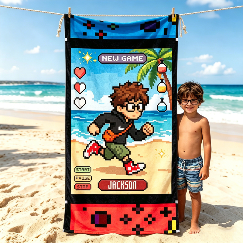 Personalized Gamer Beach Towel Custom Name Video Game Theme Kids Gift Soft Quick Dry Microfiber Design