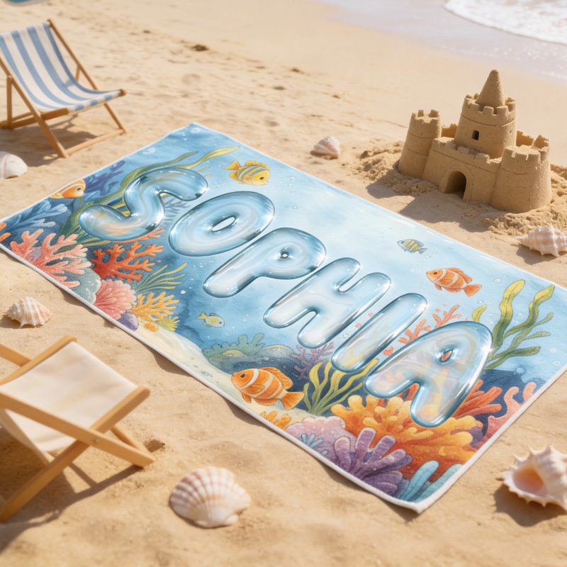 Personalized Underwater Name Kids Beach Towel Ocean Coral Fish Bubble Letters Personalized Soft Swim Gift