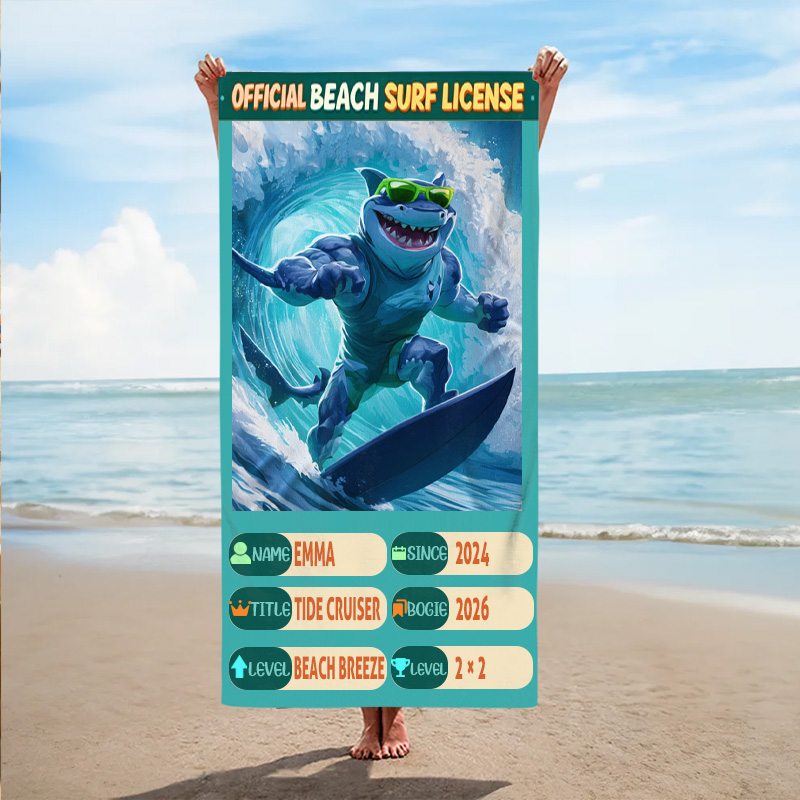 Personalized Official Beach Surf License Animals Surfing Kids Personalized Name Towel Fun Ocean Wave Summer Gift