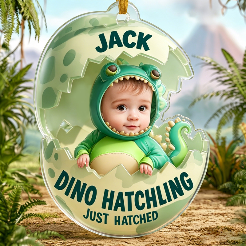 Personalized Dino Hatchling Baby In Cracked Dinosaur Egg With Jungle Background Cute Newborn Keepsake Holiday Ornaments