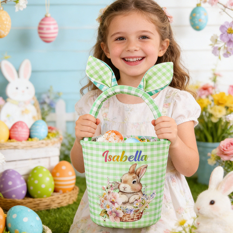 Personalized Easter Bunny Theme Name Gingham Fabric Basket with Ears Kids Egg Hunt Gift Reusable Tote Bag
