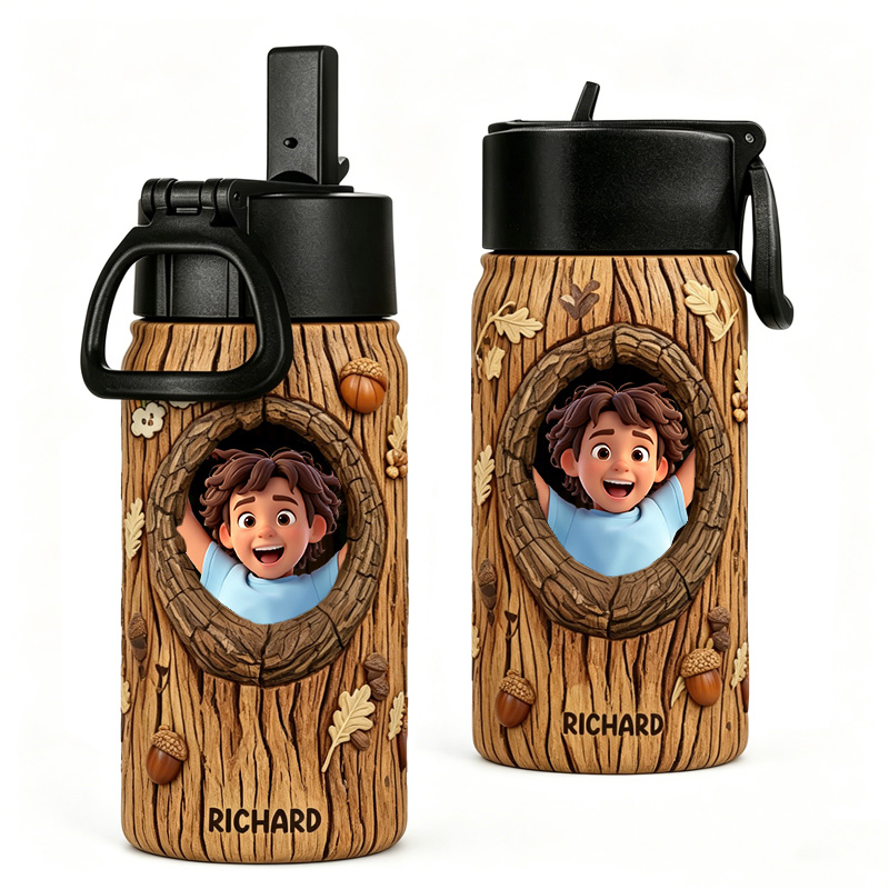 Personalized Tree Trunk Peekaboo Name Photo Woodland Forest Adventure Nature Kids Camping Style Water Bottle