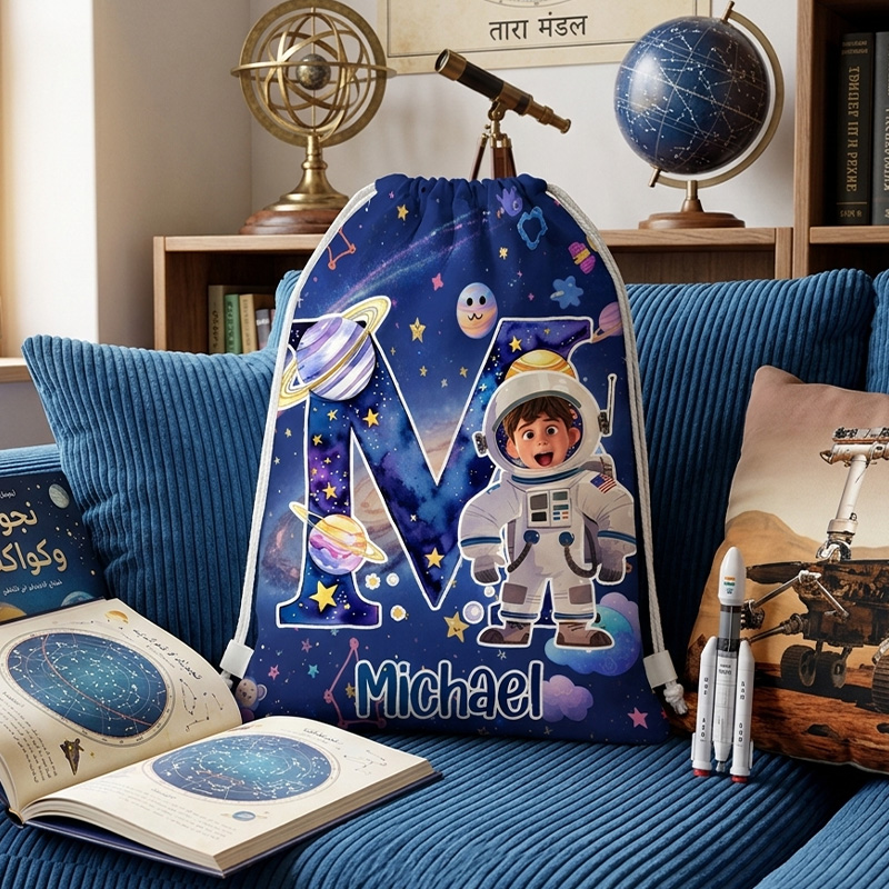 Personalized Astronaut Space Adventure Kids Name Print Backpack For Boys Girls Galaxy Theme Travel School Sports Drawstring Bag