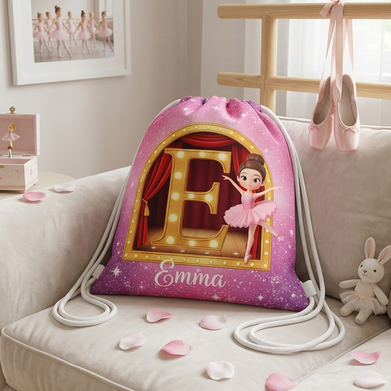 Personalized Ballet Dancer Initial Name Print Kids Pink Tutu Ballerina Backpack Girl Dance Class School Drawstring Bag