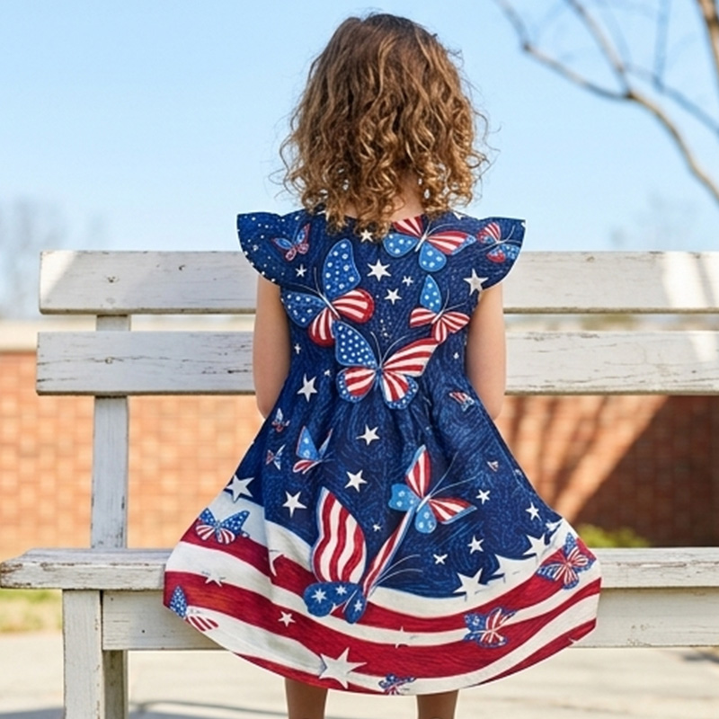 Personalized Patriotic Stars And Stripes USA Flag Print Girls Fourth Of July Red White Blue America 250th Anniversary Coquette Ruffle Dress