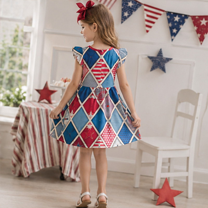 Personalized Patchwork Stars And Stripes USA Flag Red White Blue Plaid Girls Fourth Of July  America 250th Anniversary Coquette Ruffle Dress