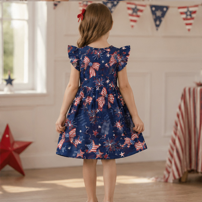 Personalized Patriotic Stars And Stripes USA Flag Print Girls Fourth Of July Red White Blue America 250th Anniversary Coquette Ruffle Dress