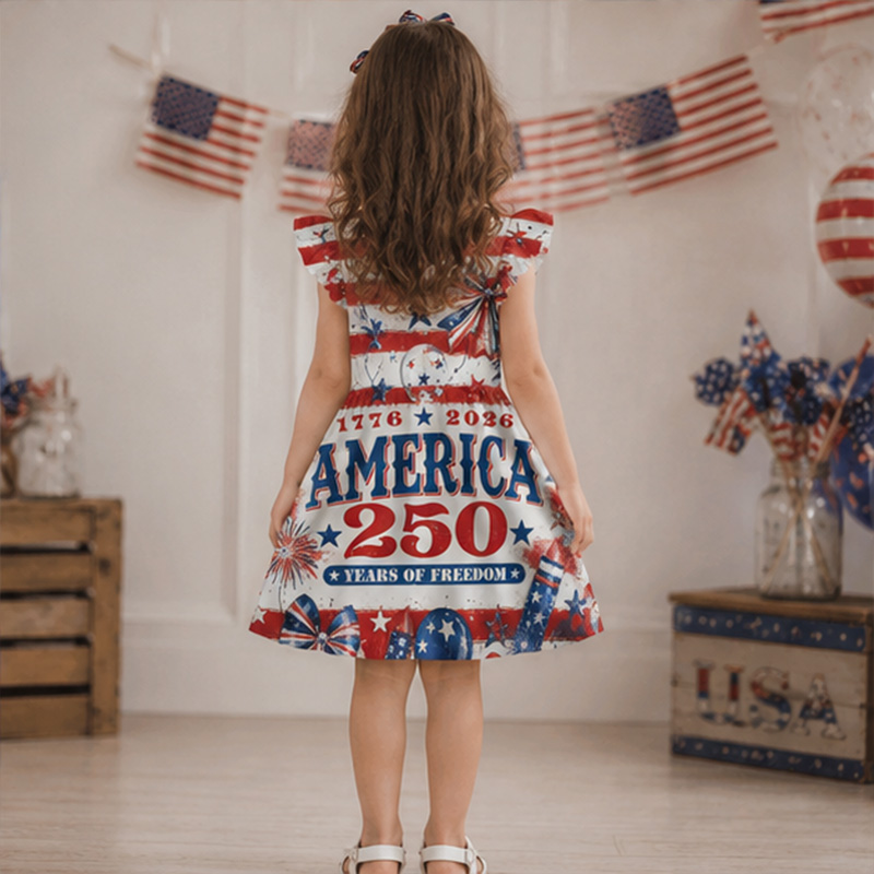 Personalized American Flag Fireworks Land Of The Free Red White Blue Girls Fourth Of July America 250th Anniversary Coquette Ruffle Dress
