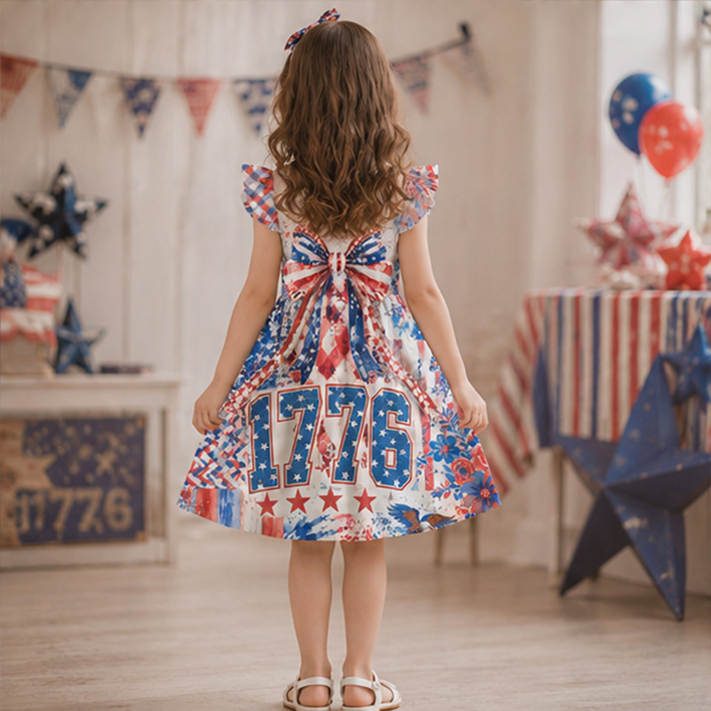 Personalized USA Stars Stripes Fireworks Independence Day Red White Blue Girls Fourth Of July America 250th Anniversary Coquette Ruffle Dress