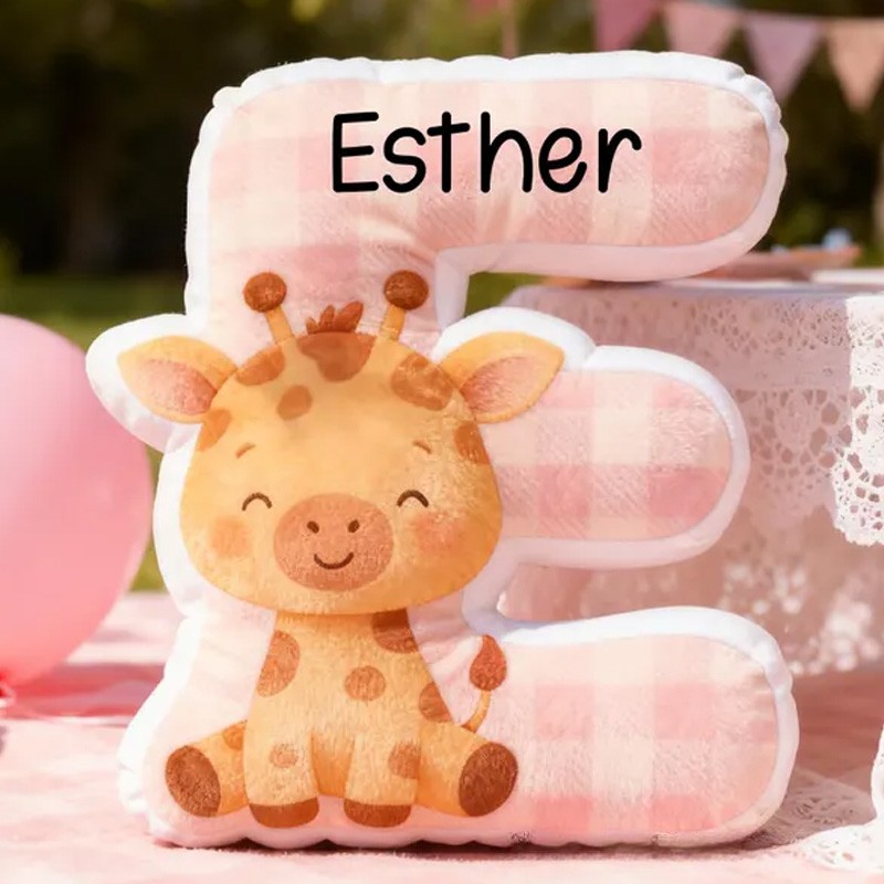 Personalized Animal Theme Custom Name Pink Blue Check Alphabet Letter Cushion Cute Rabbit 3D Print Pillow