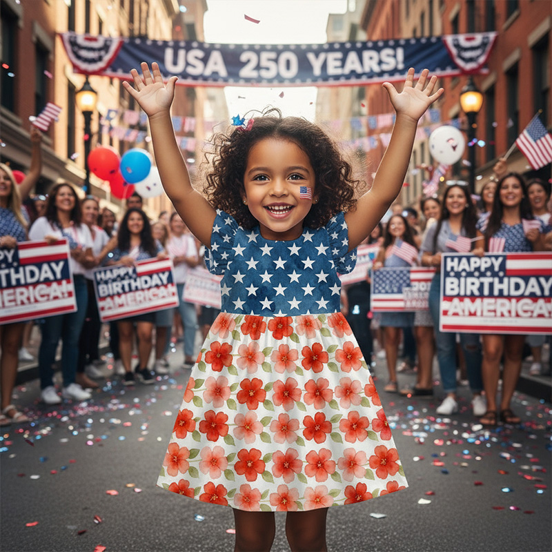Personalized Stars And Roses USA Flag Inspired Red White Blue Girls Fourth Of July Summer Party Coquette Ruffle Dress