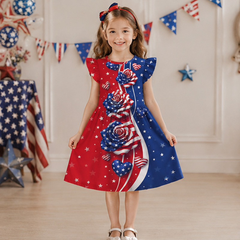 Personalized Split Red And Blue American Flag Fireworks Stars USA Patriotic Girls Fourth Of July Party Coquette Ruffle Dress