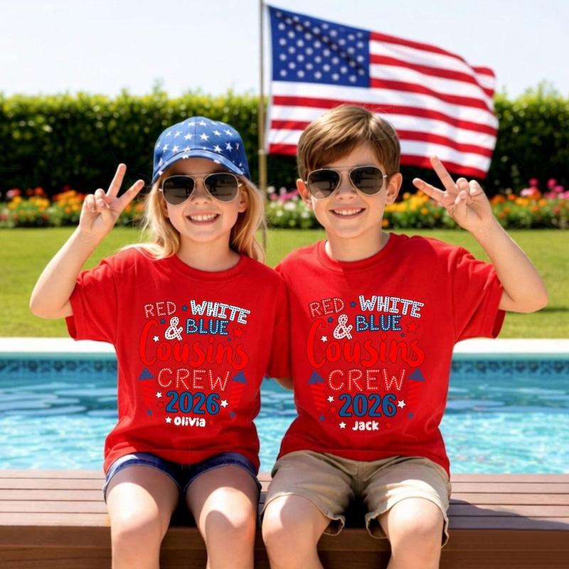 Personalized Red White And Blue Cousins Crew Fourth Of July Matching Patriotic Fireworks Graphic Kids Shirt