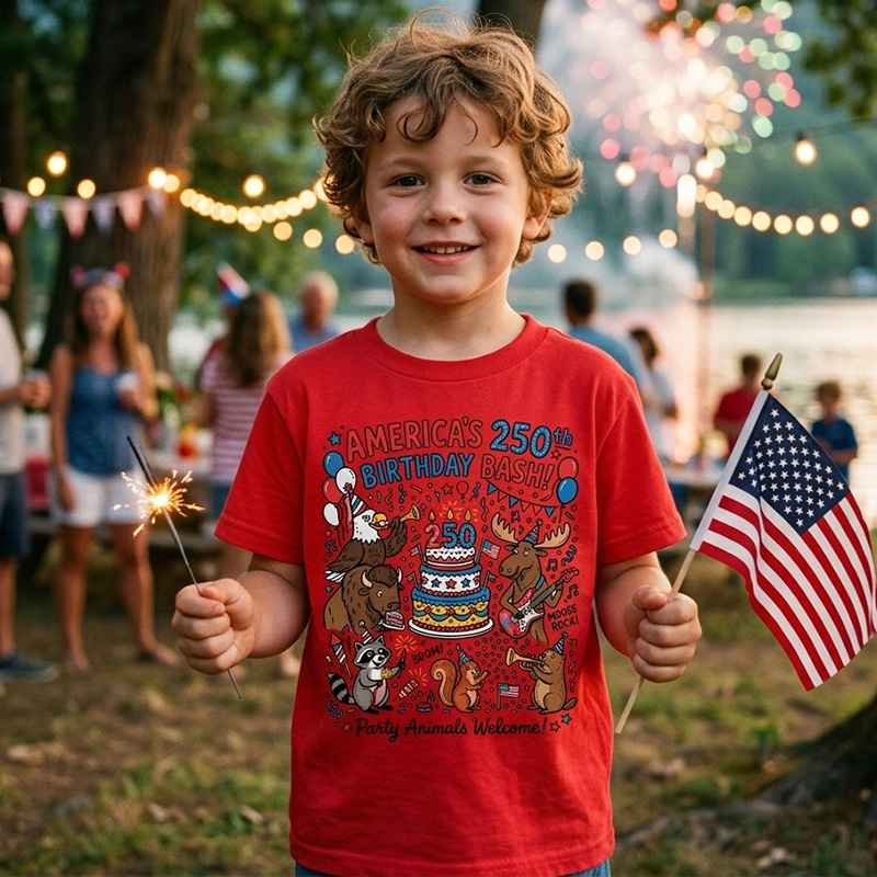 Americas 250th Birthday Bash Animals Fireworks Cake Confetti Cute Patriotic Fourth Of July Celebration Kids Shirt
