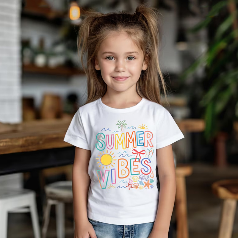 Personalized Colorful Summer Vibes Sunshine Flowers Rainbow Beach Holiday Vacation Playful Typography Graphic Kids Shirt