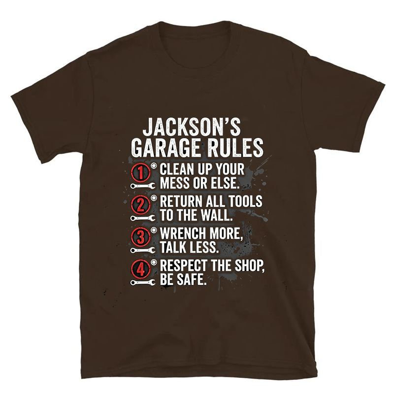 Personalized Garage Rules T-Shirt Custom Workshop Name Tee, Mechanic Garage Owner Gift for Car Lovers