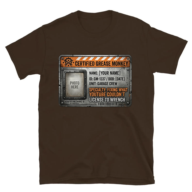 Personalized Certified Grease Monkey Mechanic Tee, Funny Garage Gift for Car Guys Dad