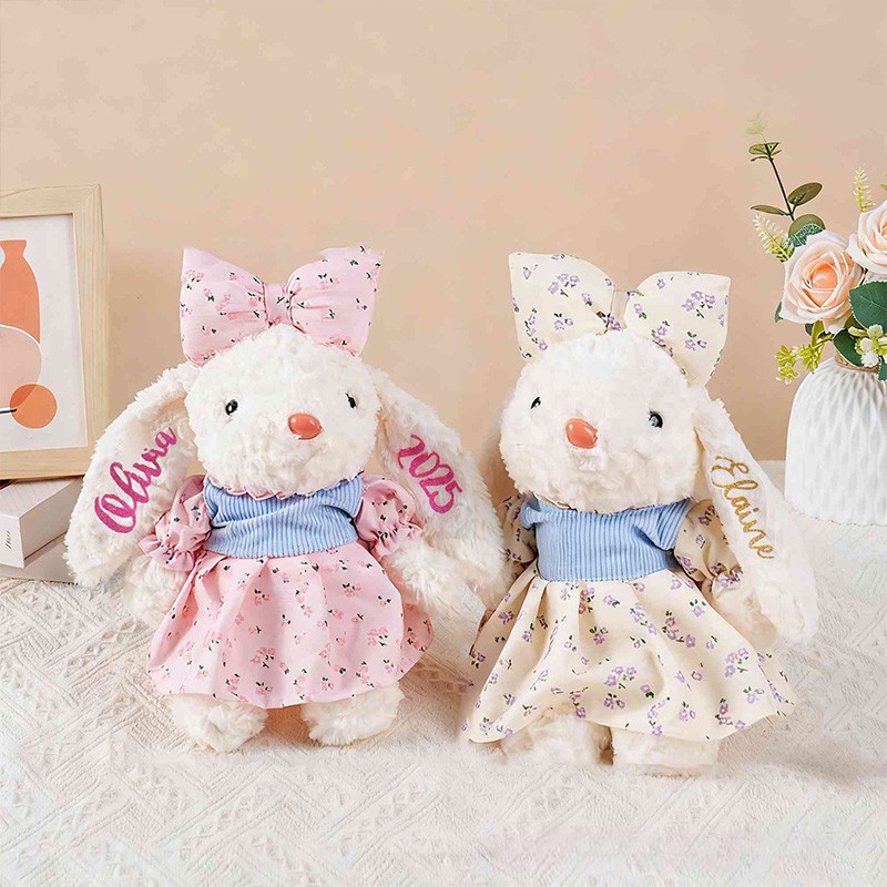 Personalized Cute Bunny Theme Custom Name Adorable Rabbit with Bow and Floral Dress Bunny Doll Toy