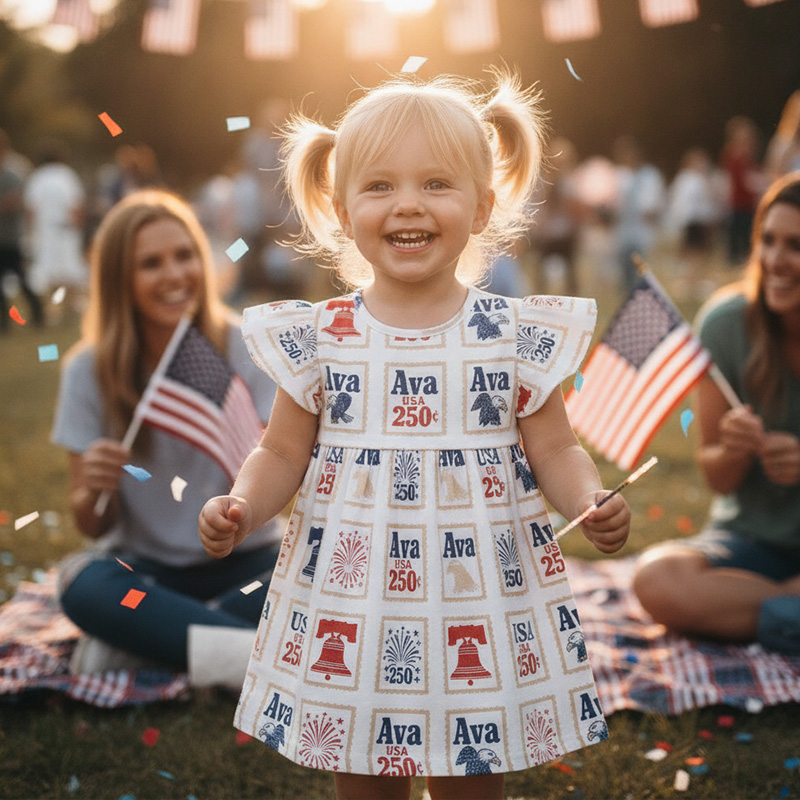 Personalized Patriotic Stamp Print Name Ava 250 Liberty Bell Fireworks Fourth Of July Celebration Coquette Ruffle Dress