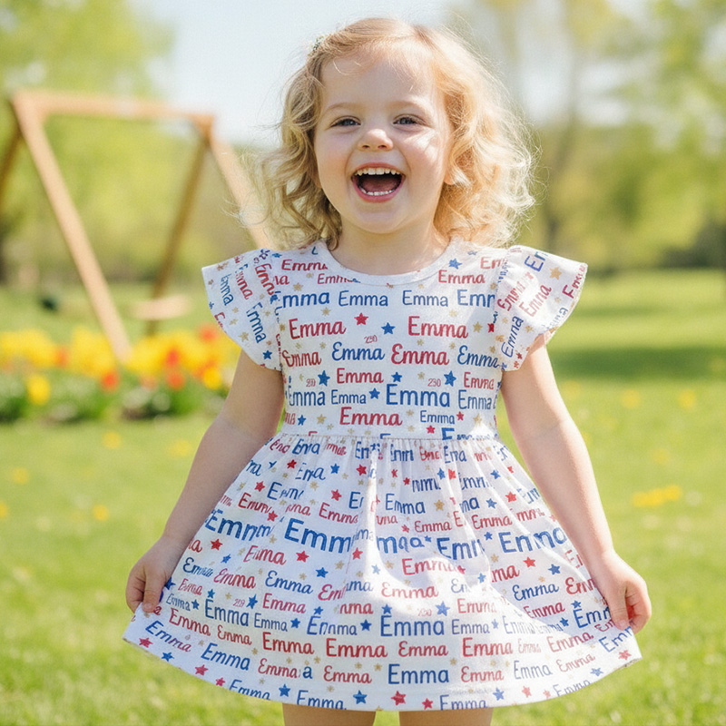 Personalized Red White And Blue Name Repeat Land Of The Free Stars Fourth Of July Patriotic Summer Coquette Ruffle Dress