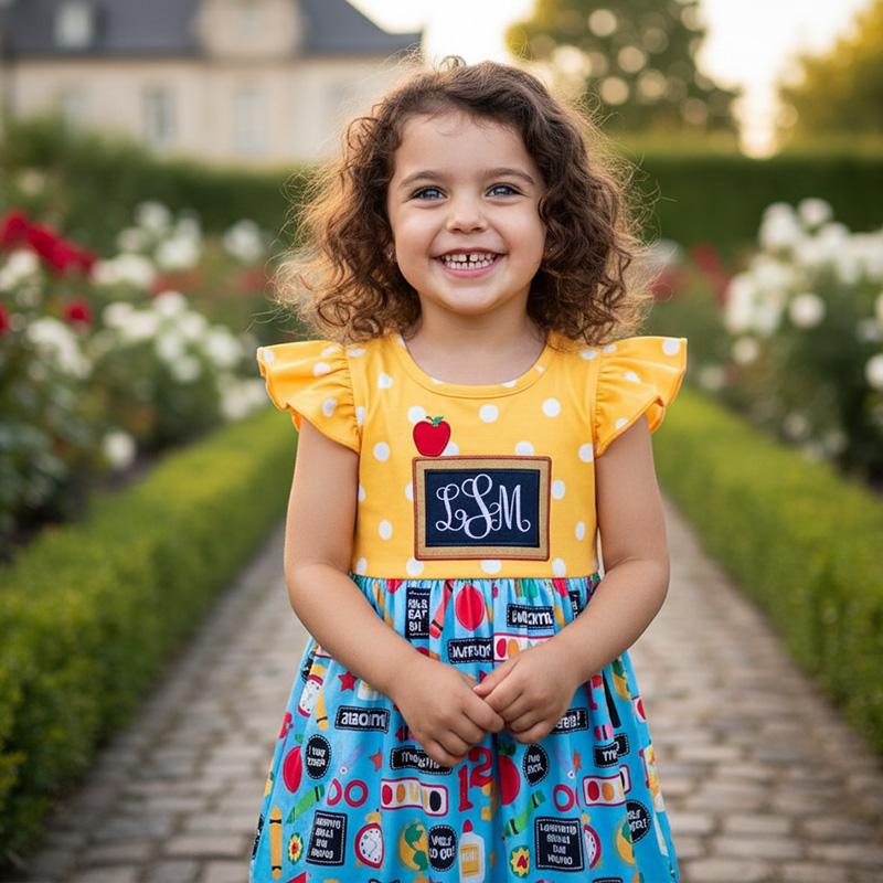 Personalized Back To School Crayon Pencil Alphabet Chalkboard Yellow Polka Dot Colorful Classroom Print Coquette Ruffle Dress