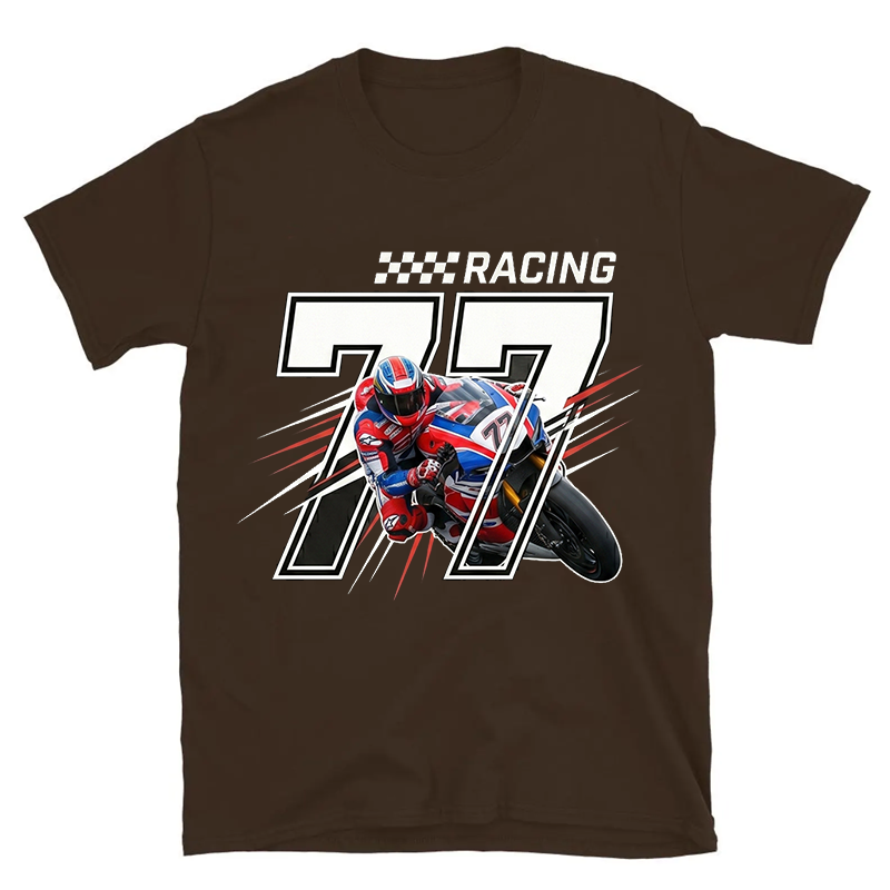 Personalized Number 77 Racing Motorcycle Rider Checkered Flag Graphic Unisex Black Cotton T-Shirt