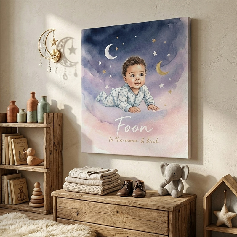 Personalized Baby Nursery Moon And Stars Night Sky Watercolor Portrait Custom Name Quote Photo Framed Canvas Prints