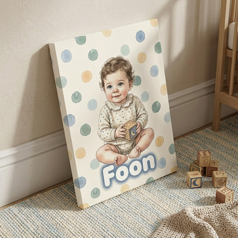 Personalized Baby Neutral Polka Dot Nursery Portrait Custom Name Illus