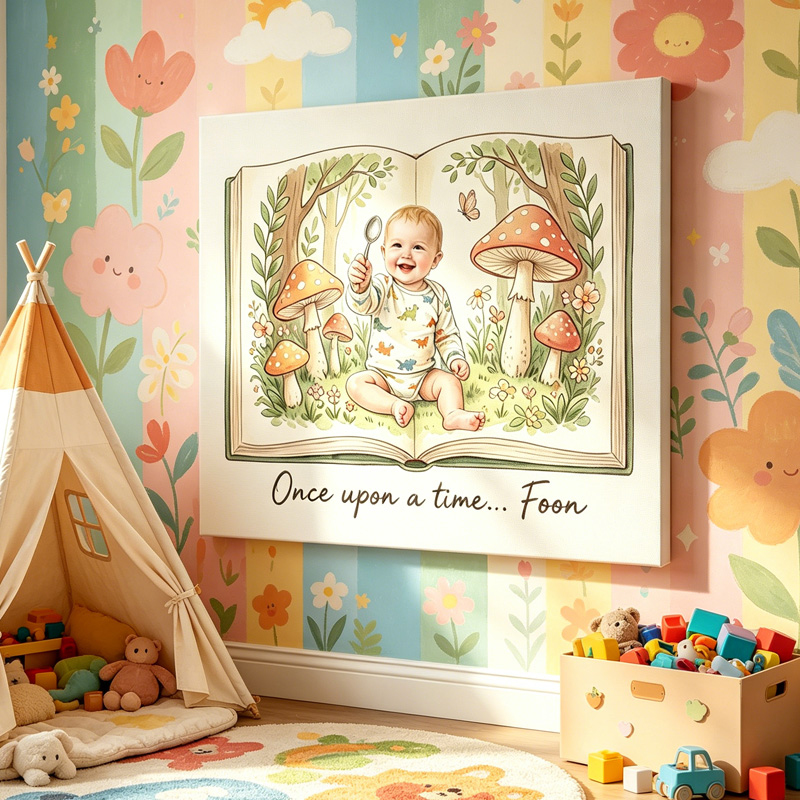 Personalized Fairytale Forest Storybook Nursery Baby Portrait Custom Name Woodland Animals Illustration Photo Framed Canvas Prints