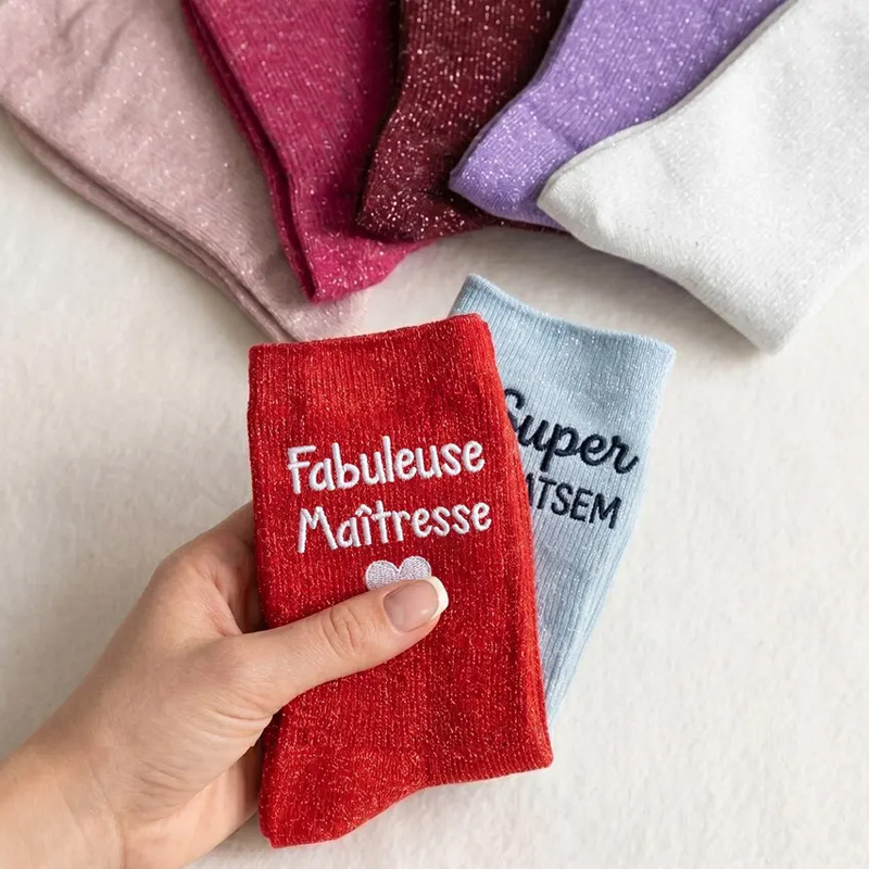 Personalized Teacher Appreciation Gift Merci Super Maitresse Maman Combative Merveilleuse Maitresse Cute Cozy Glitter Socks