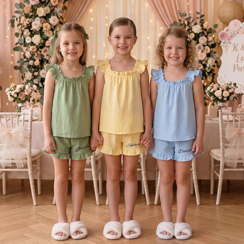 Personalized Floral Party Ruffle Top And Shorts Matching Girls Sleepwear Birthday Sleepover Gift Kids Pajamas