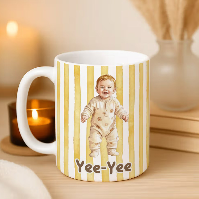 Personalized Baby First Word Mispronunciation Stripes 11 oz Ceramic Mug with Photo Daily Use Birthday Gift for Toddlers New Parents