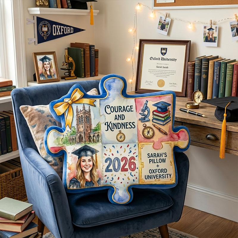 Personalized Graduation Photo Puzzle Piece Custom Name Year College Motto Keepsake Dorm Room Decor 3D Print Pillow