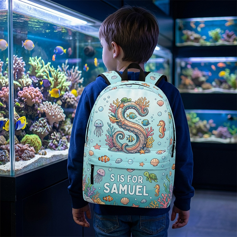 Personalized Under The Sea Initial Kids Backpack Custom Name Ocean Creatures Coral Reef Print School Bag