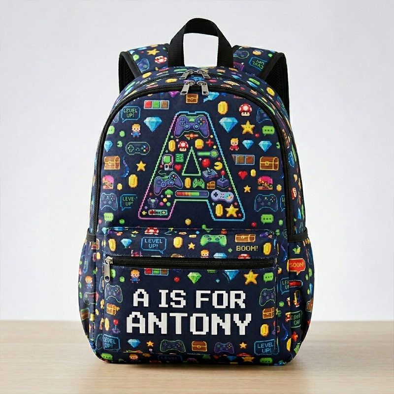 Personalized Gamer Initial Kids Backpack Custom Name Retro Pixel Icons Video Game Pattern Back To School Bag