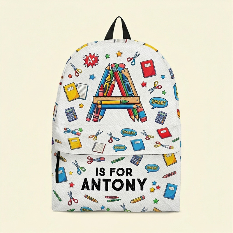Personalized Back To School Initial Kids Backpack Custom Name Cute Classroom Icons White Print School Bag