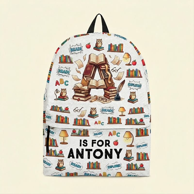 Personalized Book Lover Initial Kids Backpack Custom Name Cute Reading Library Pattern School Bag