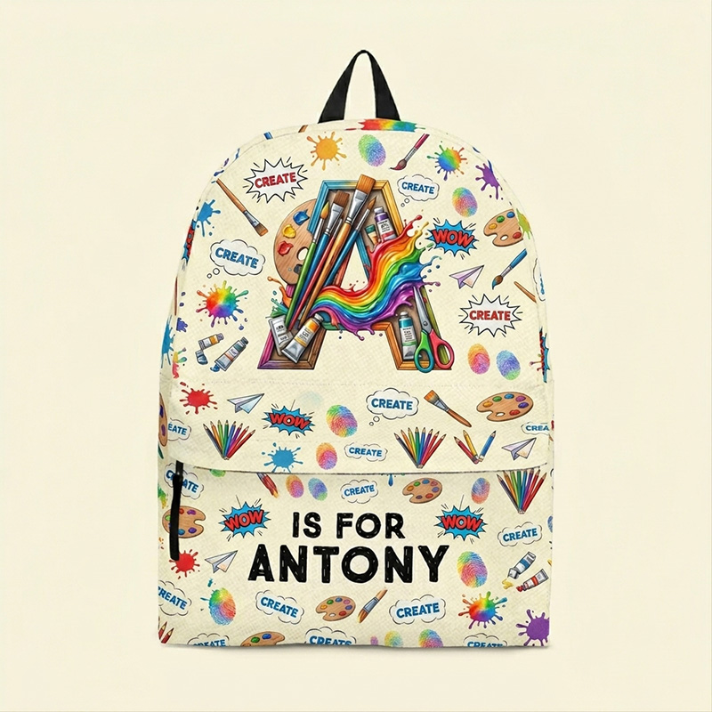 Personalized Art Studio Initial Kids Backpack Custom Name Colorful Paint Brushes Creative Doodle Pattern School Bag