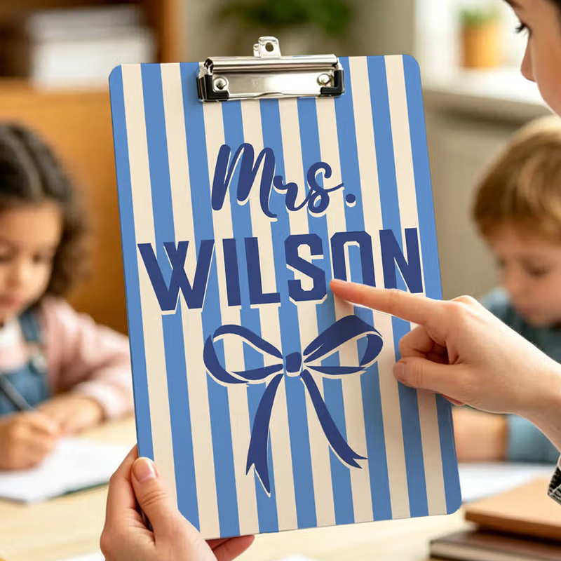 Personalized Bow Striped Portable Clipboard with Title and Surname Teacher's Day Birthday Gift for Teacher